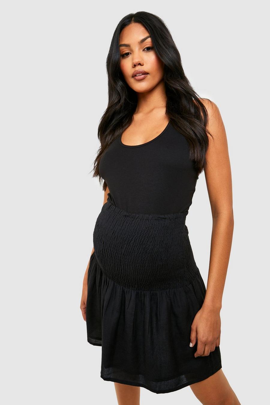 Black Maternity Shirred Waist Linen Mini Skirt