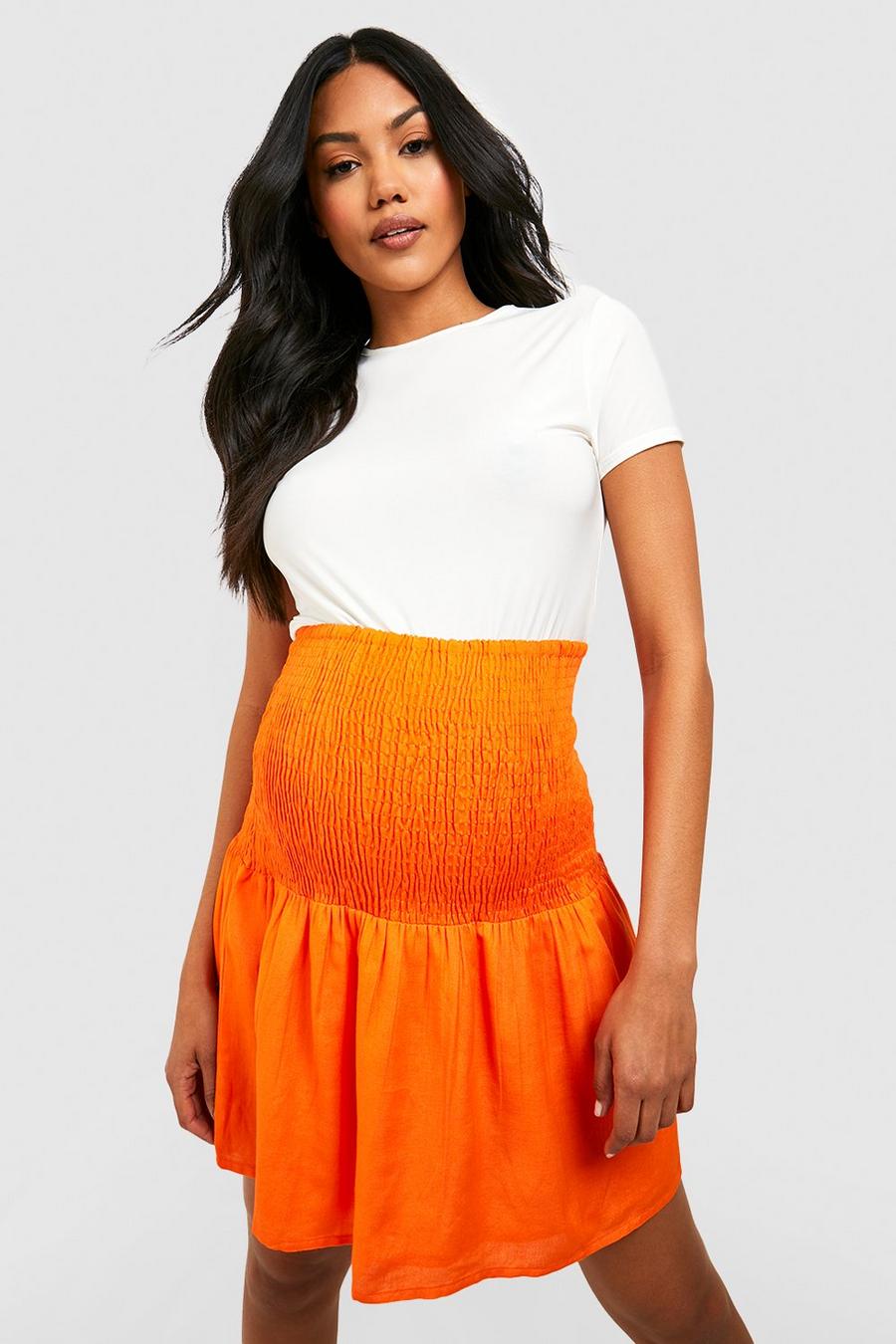 Orange Maternity Shirred Waist Linen Mini Skirt
