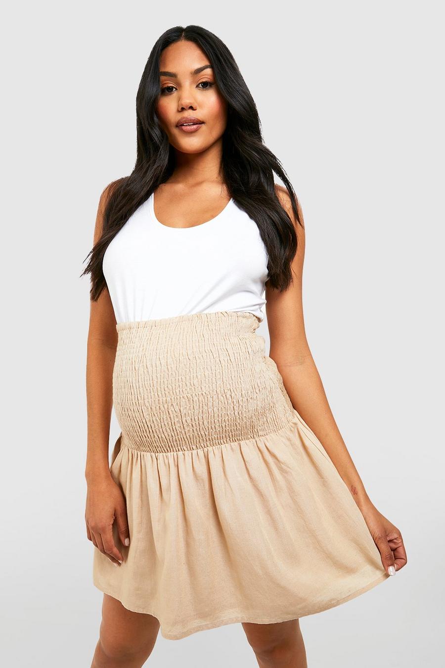 Maternité - Mini-jupe de grossesse froncée en lin, Stone image number 1