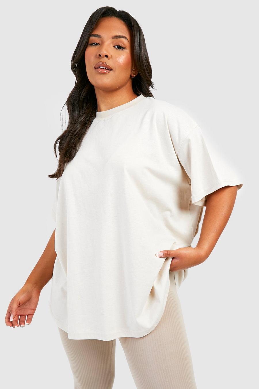 Camiseta Plus de algodón básica súper oversize con cuello de caja, Stone