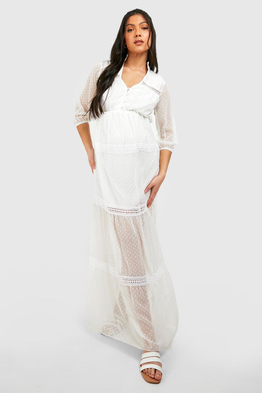 Ivory Maternity Dobby Chiffon Lace Trim Maxi Dress