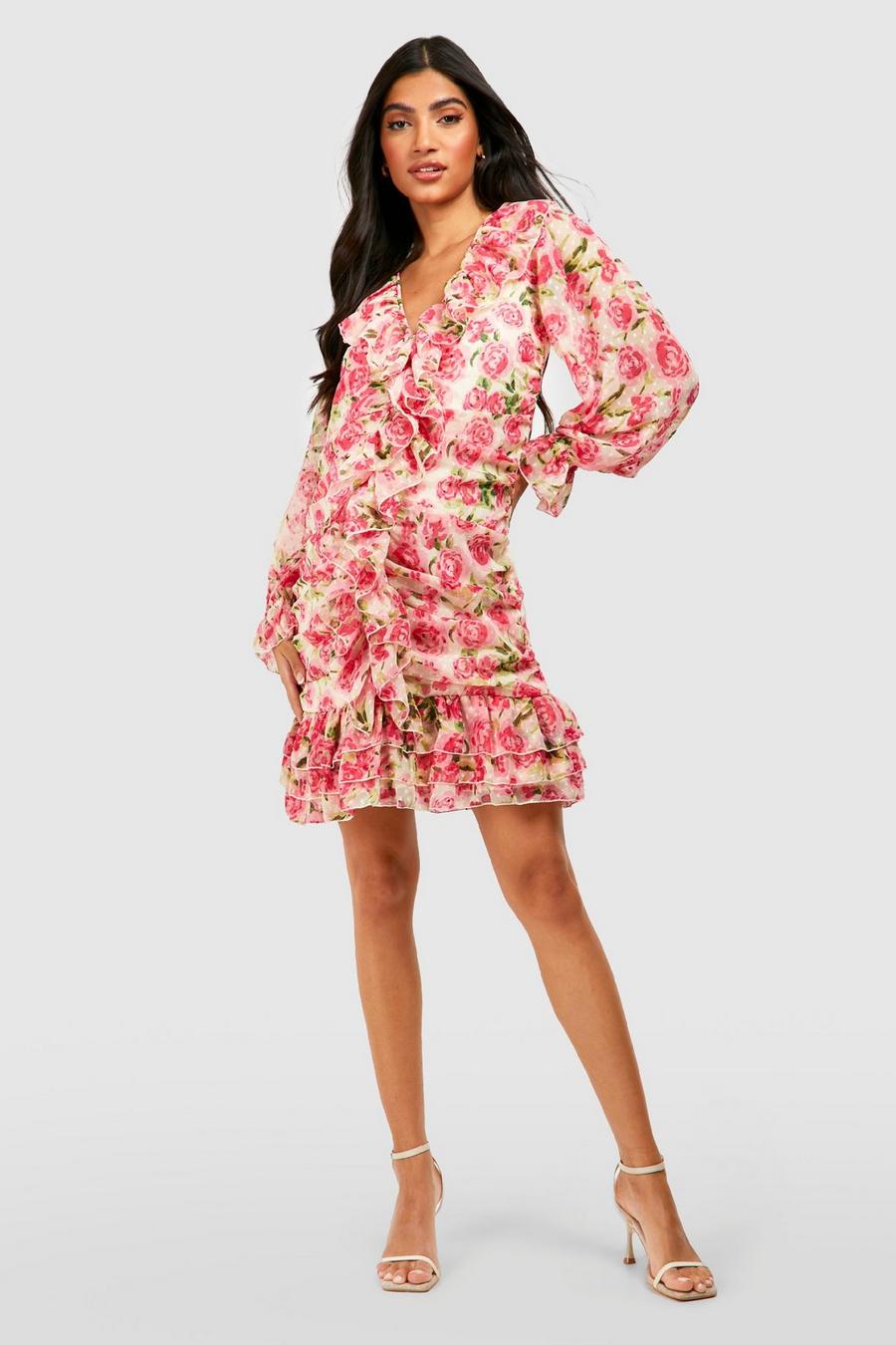 Pink Maternity Floral Dobby Ruffle Mini Dress image number 1