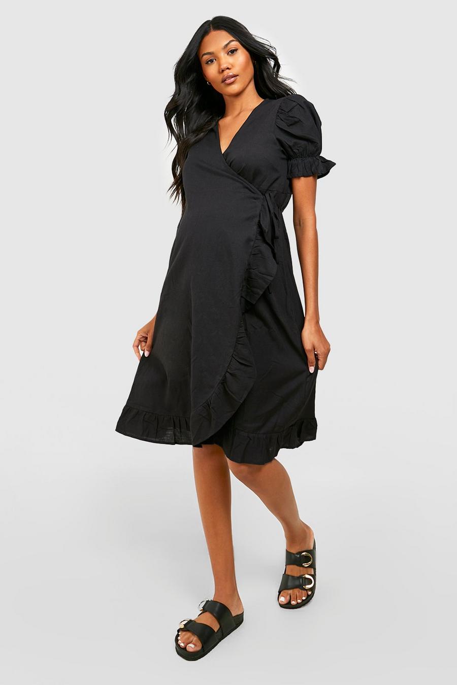 Black Maternity Linen Ruffle Wrap Midi Dress