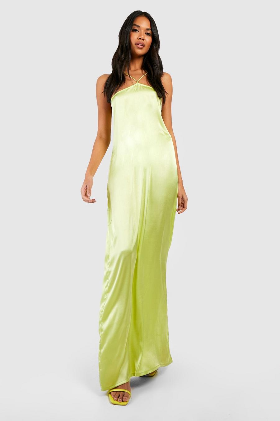 Chartreuse Satin Halter Slip Dress