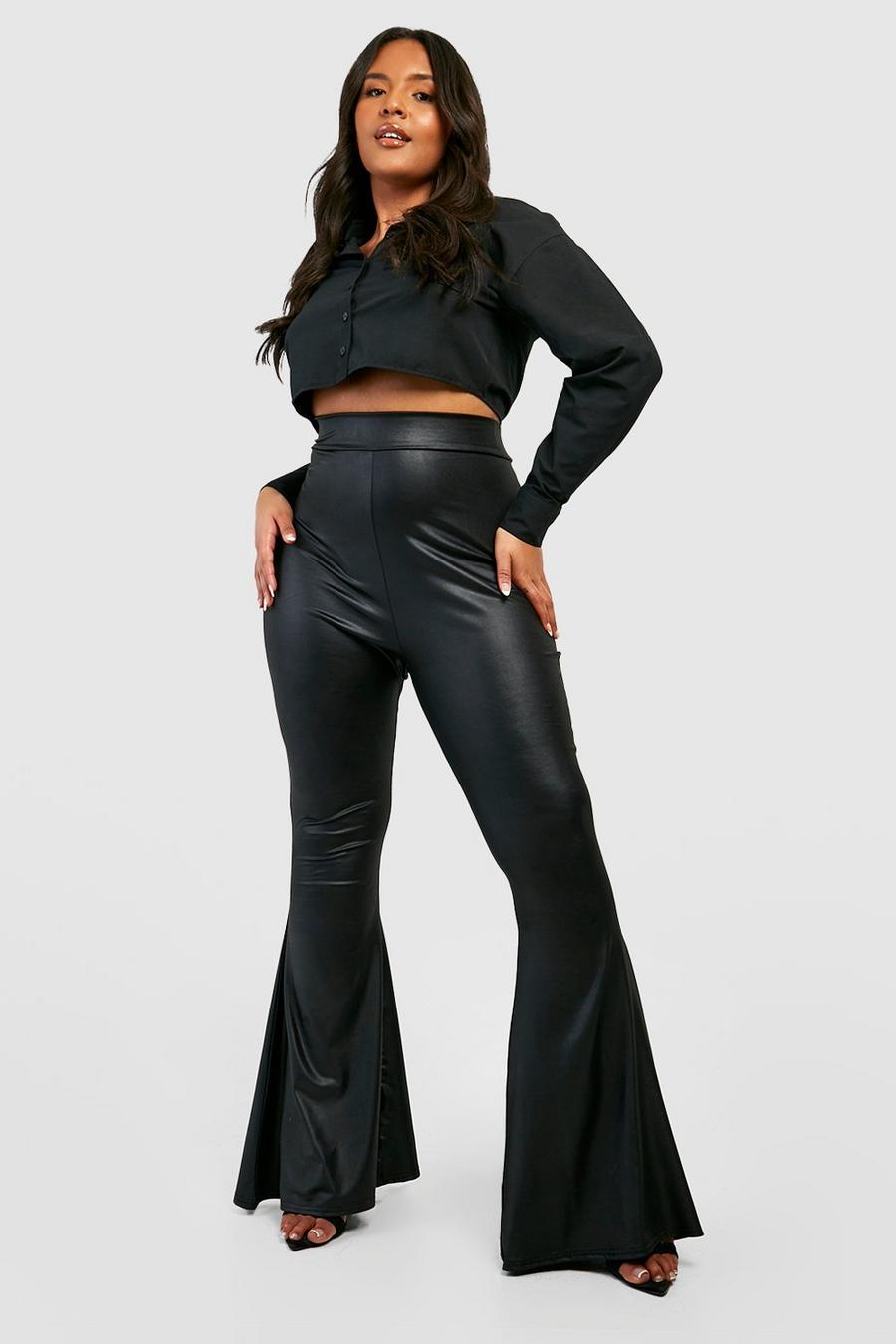 Black Plus Wet Look High Waisted Basic Flared Trousers