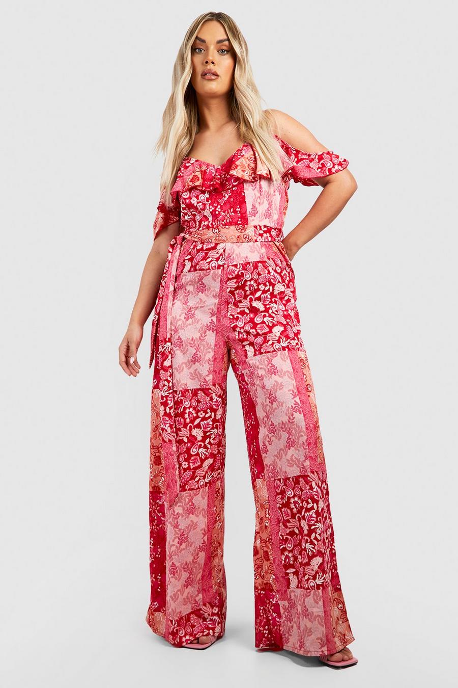 Plus schulterfreier Jumpsuit mit Paisley-Print, Pink