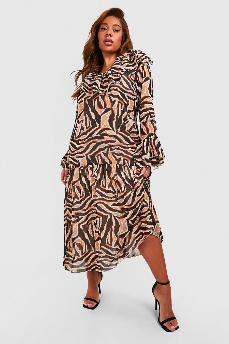 Brown Plus Chiffon Animal Ruffle Midi Dress
