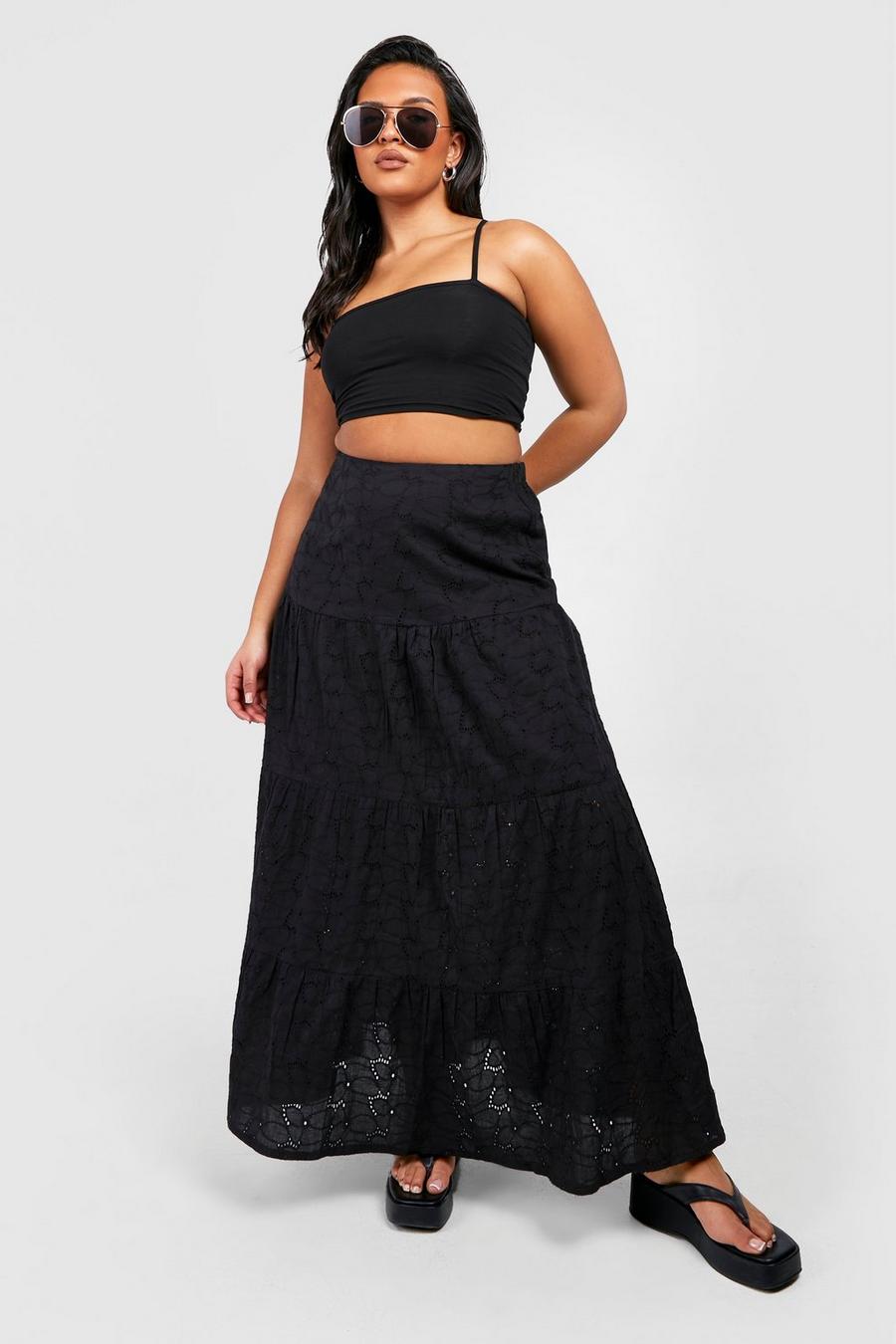 Black Plus Broderie Tiered Maxi Skirt 