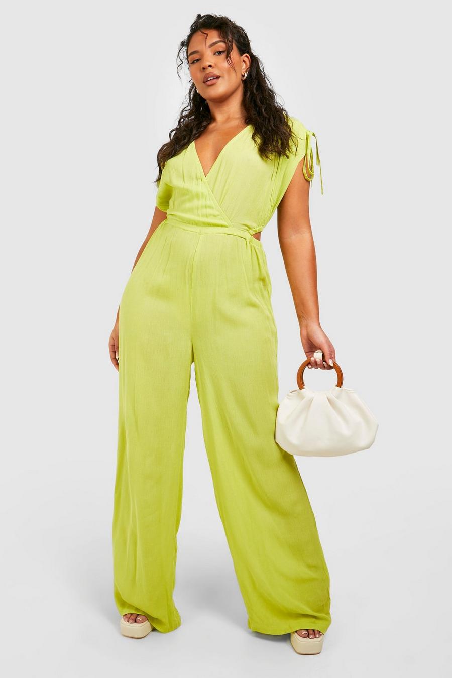 Tuta intera Plus Size a gamba ampia con maniche raccolte, Chartreuse