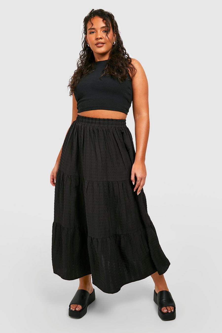 Black Plus Seersucker Textured Tiered Midi Skirt