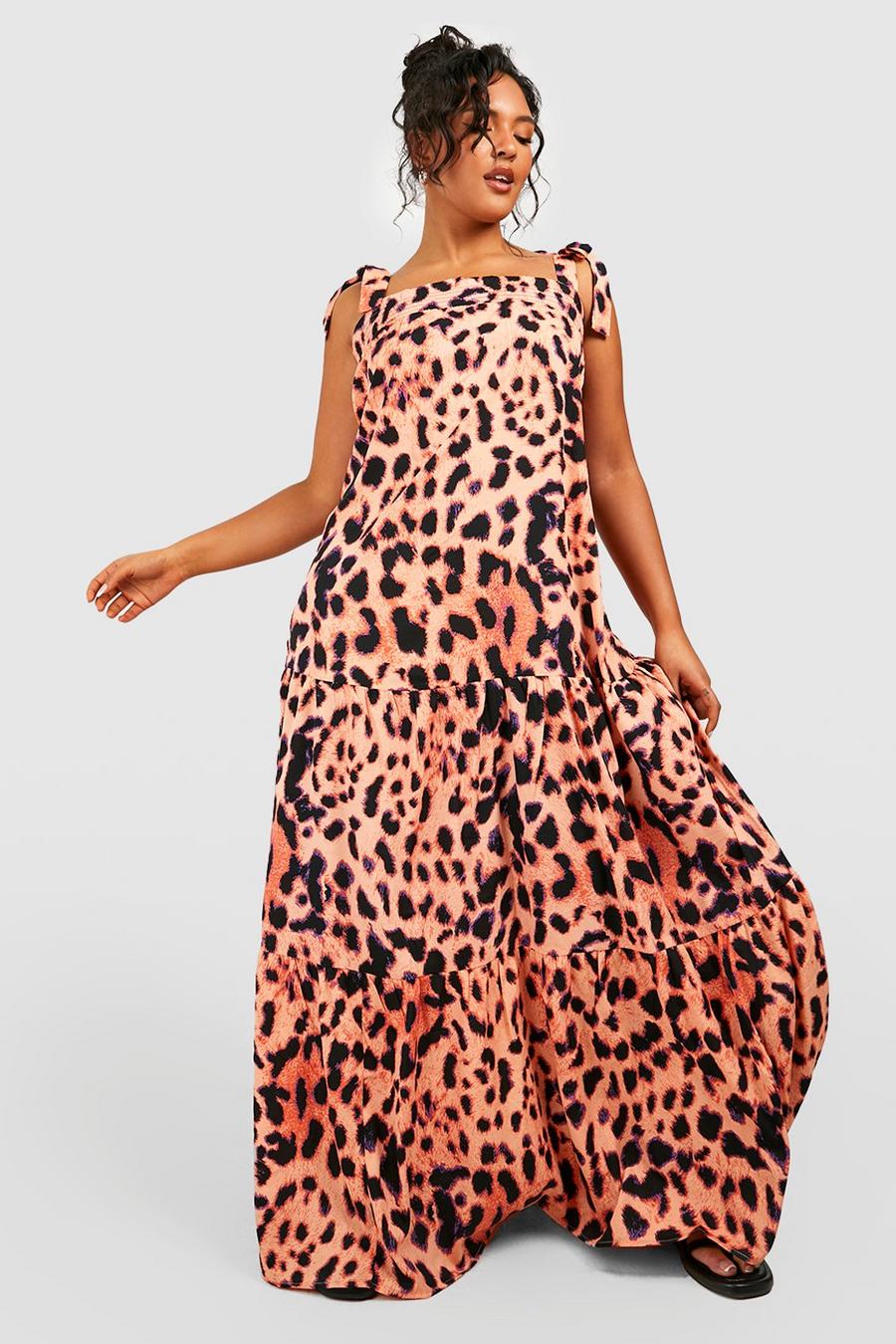 Vestito maxi Plus Size leopardato con laccetti e balze, Leopard