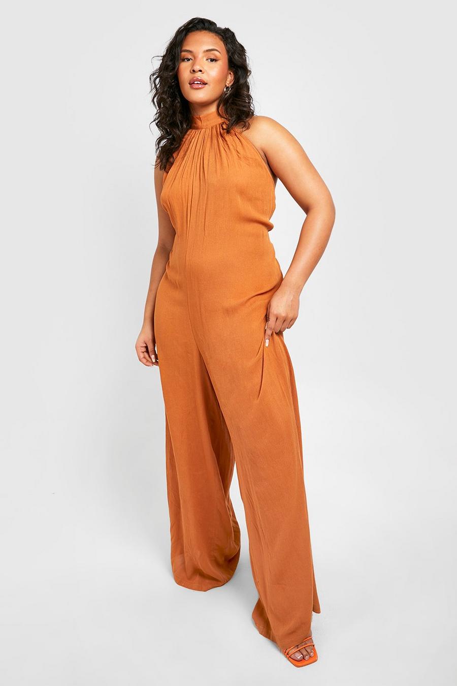 Tan Plus Cheesecloth Halter Wide Leg Jumpsuit