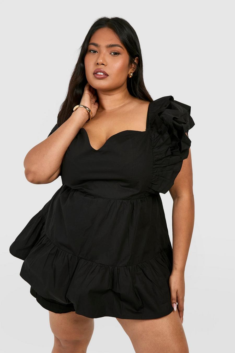 Top svasato Plus Size in cotone popeline con maniche arricciate, Black