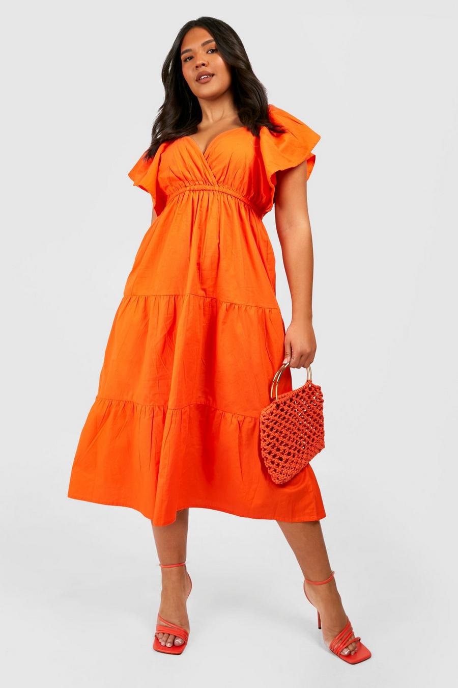 Orange Plus Cotton Poplin Ruffle Angel Sleeve Midi Dress