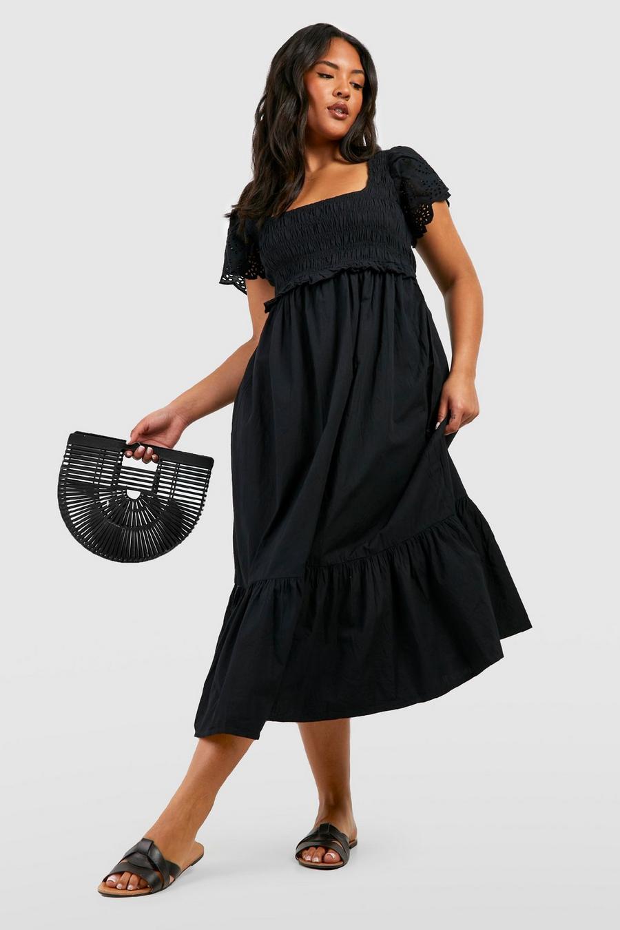 Black Plus Eyelet Detail Ruffle Sleeve Midi Dress