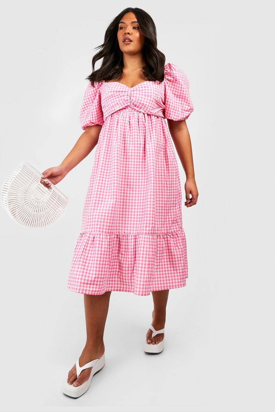 Pink Plus Daisy Embroidered Gingham Midi Dress image number 1