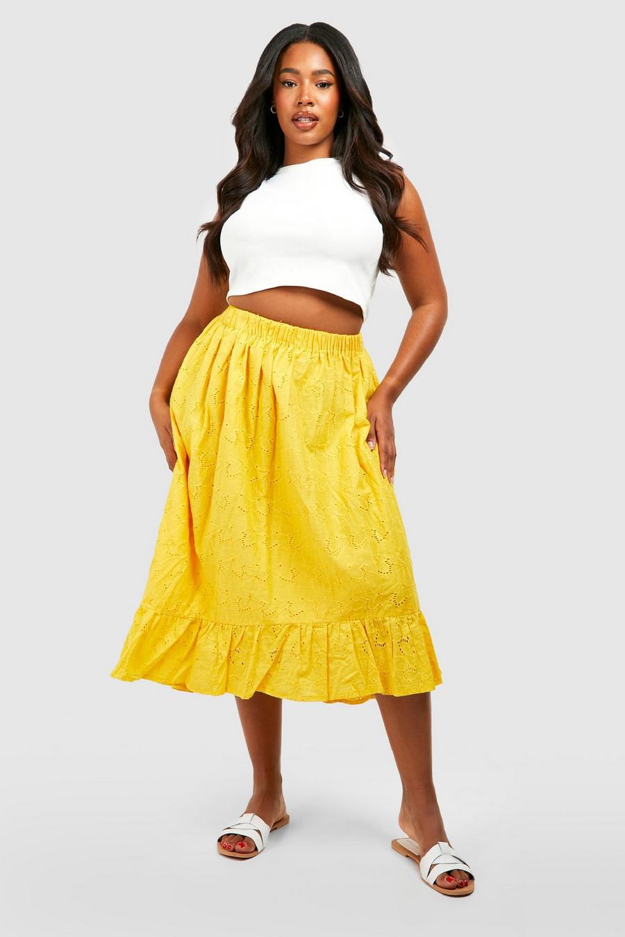 Yellow Plus Broderie Dipped Hem Midaxi Skirt image number 1