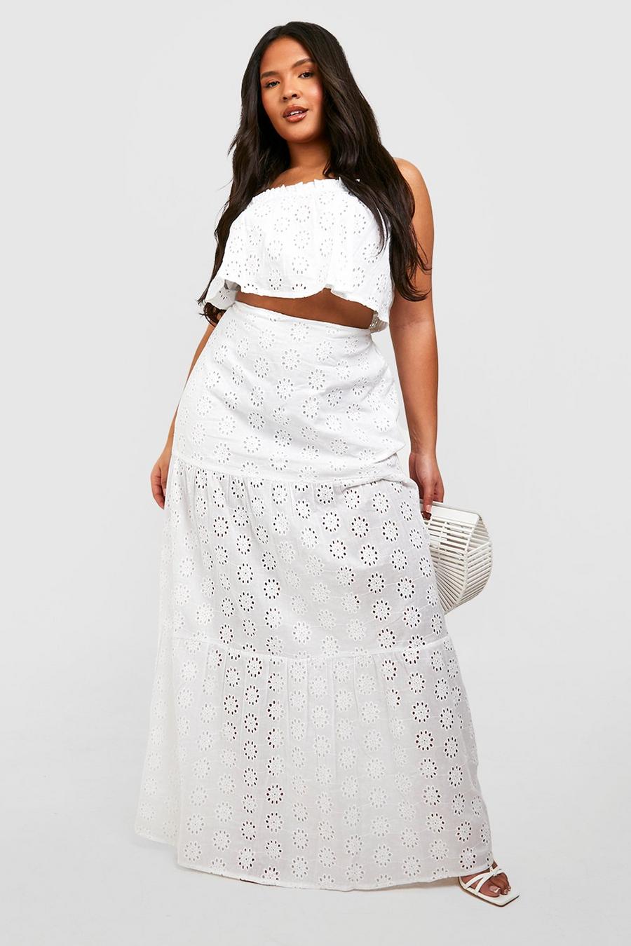 White Plus Broderie Off Shoulder Top & Maxi Skirt Co Ord