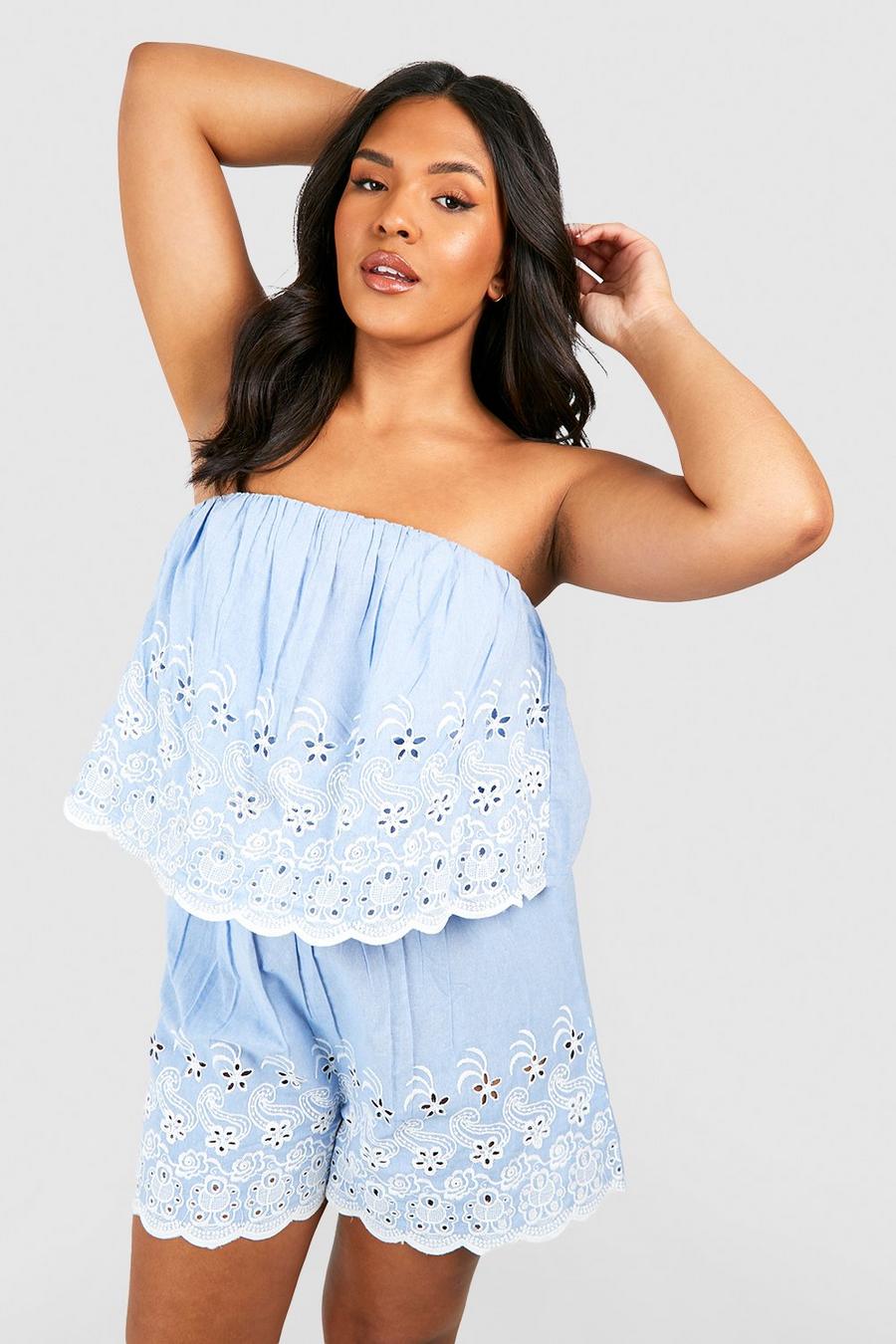 Blue Plus Chambray Embroidered Playsuit image number 1