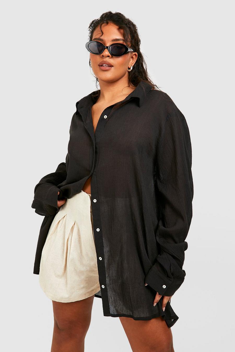 Camicia Plus Size oversize effetto crespo, Black