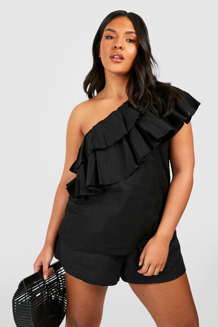 Black Plus Woven Frill One Shoulder Top