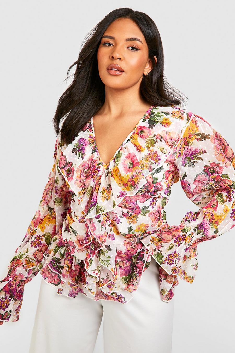 Ivory Plus Floral Ruffle Front Dobby Mesh Blouse image number 1