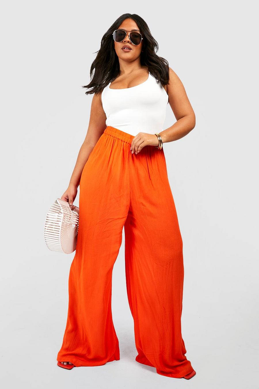Pantaloni Plus Size a gamba ampia effetto crespo, Orange