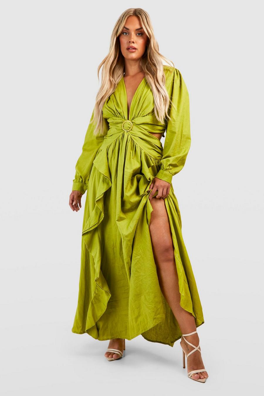 Vestito maxi Plus Size in lino con arricciature e cut-out, Olive