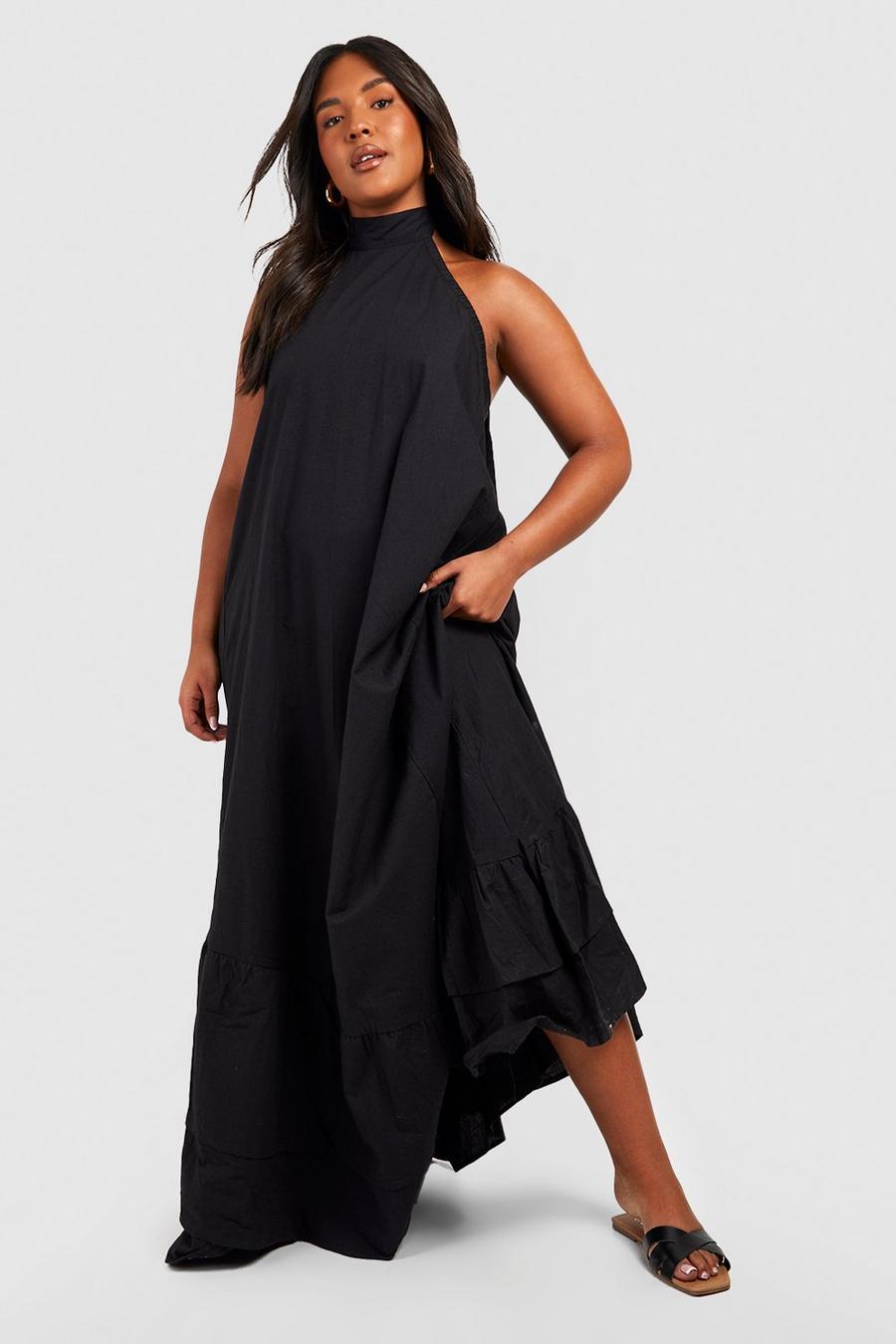Vestito maxi Plus Size in cotone con balze, Black