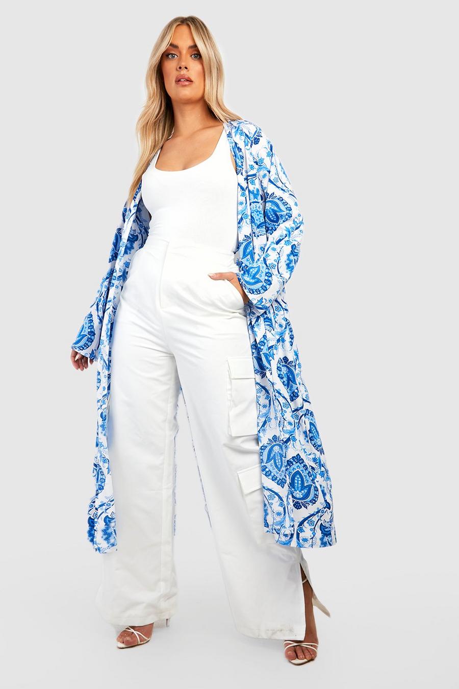 Grande taille - Kimono long à imprimé porcelaine , Blue