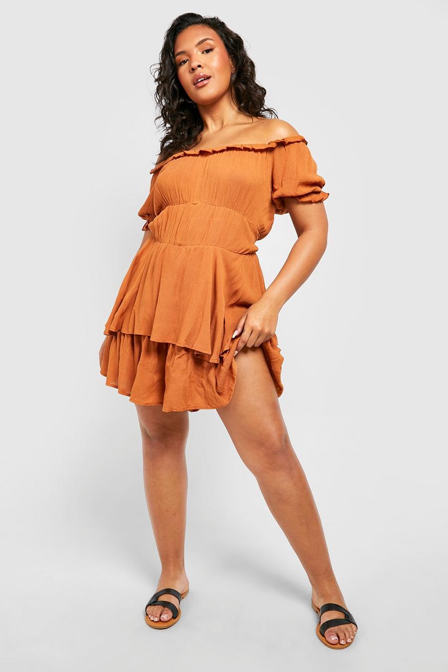 Tan Plus Cheesecloth Off The Shoulder Ruffle Romper