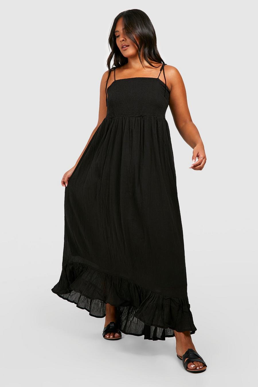 Black Plus Cheesecloth Shirred Midi Dress