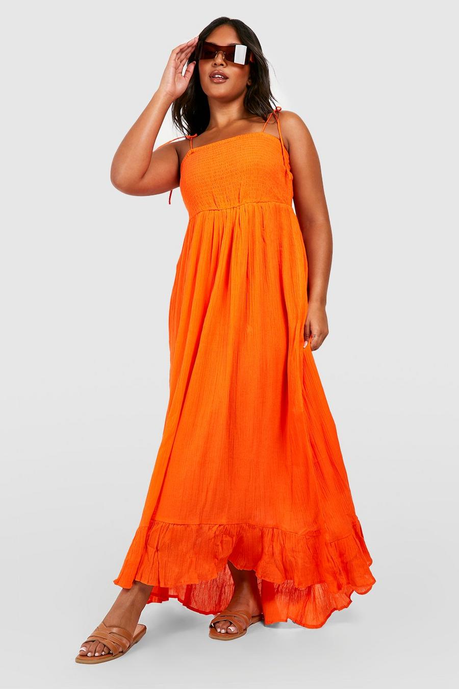 Orange Plus Cheesecloth Shirred Midi Dress image number 1