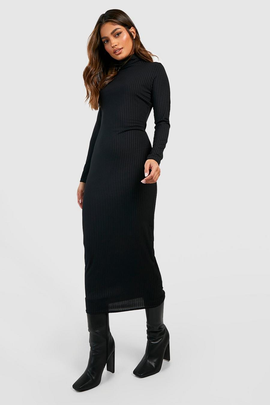 Black Turtleneck Rib Long Sleeve Midi Dress
