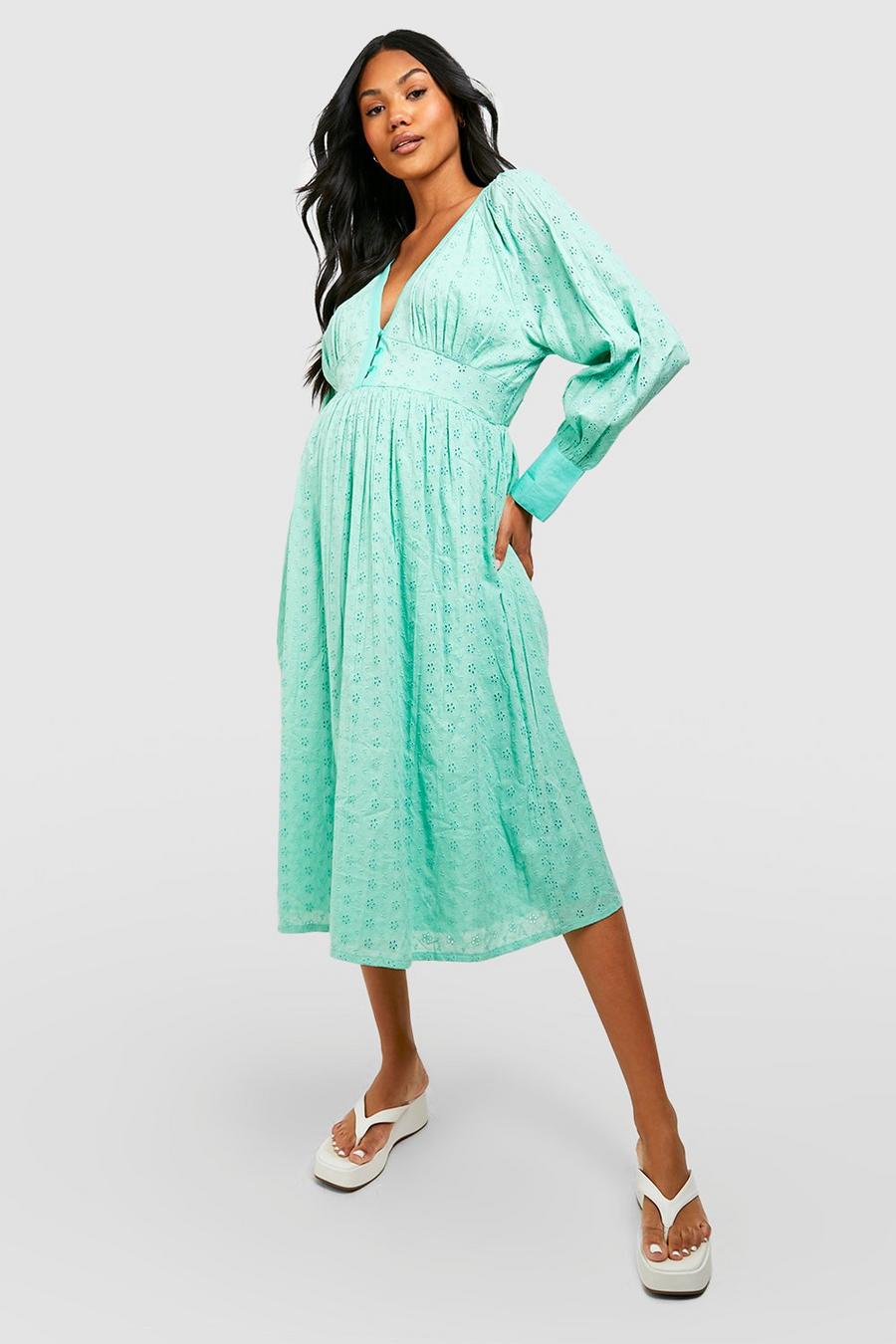 Sage Maternity Broderie Button Front Midi Dress