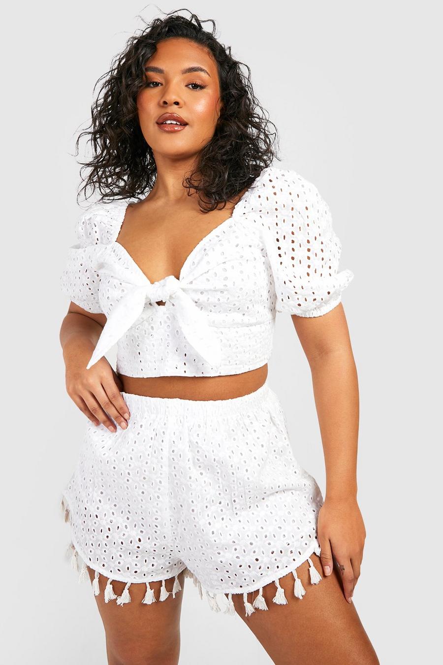 Grande taille - Short en broderie anglaise à pompons, White