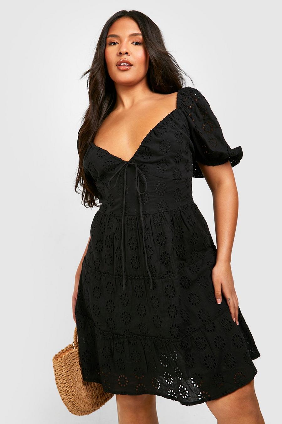 Black Plus Broderie Anglaise Puff Sleeve Tiered Skater Dress