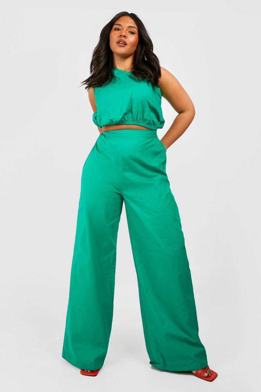 Top Plus Size monospalla in popeline & pantaloni a gamba ampia coordinati, Green