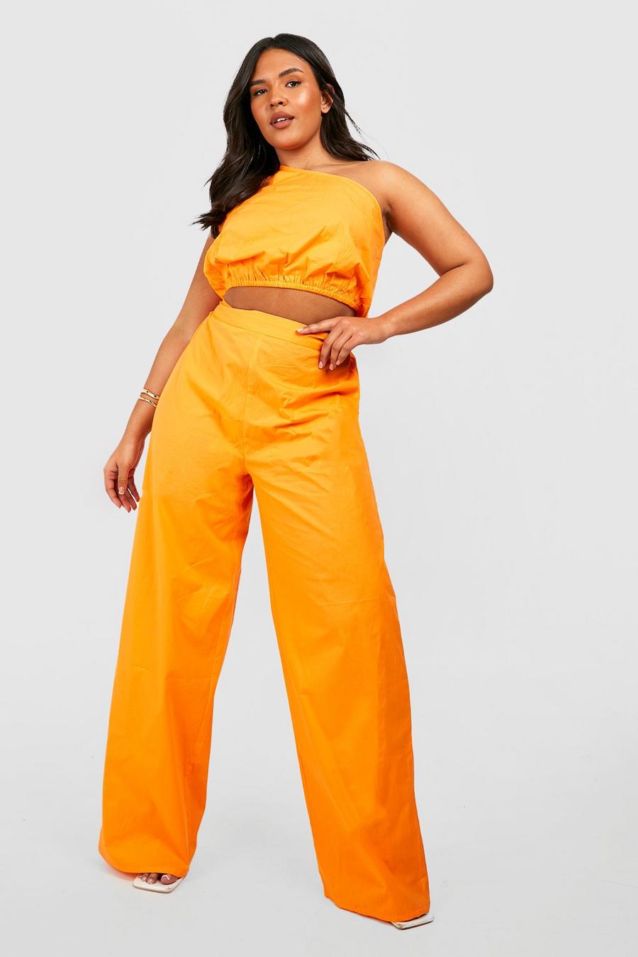 Orange Plus Poplin Top Met Eén Open Schouder En Wide Leg Broek Set