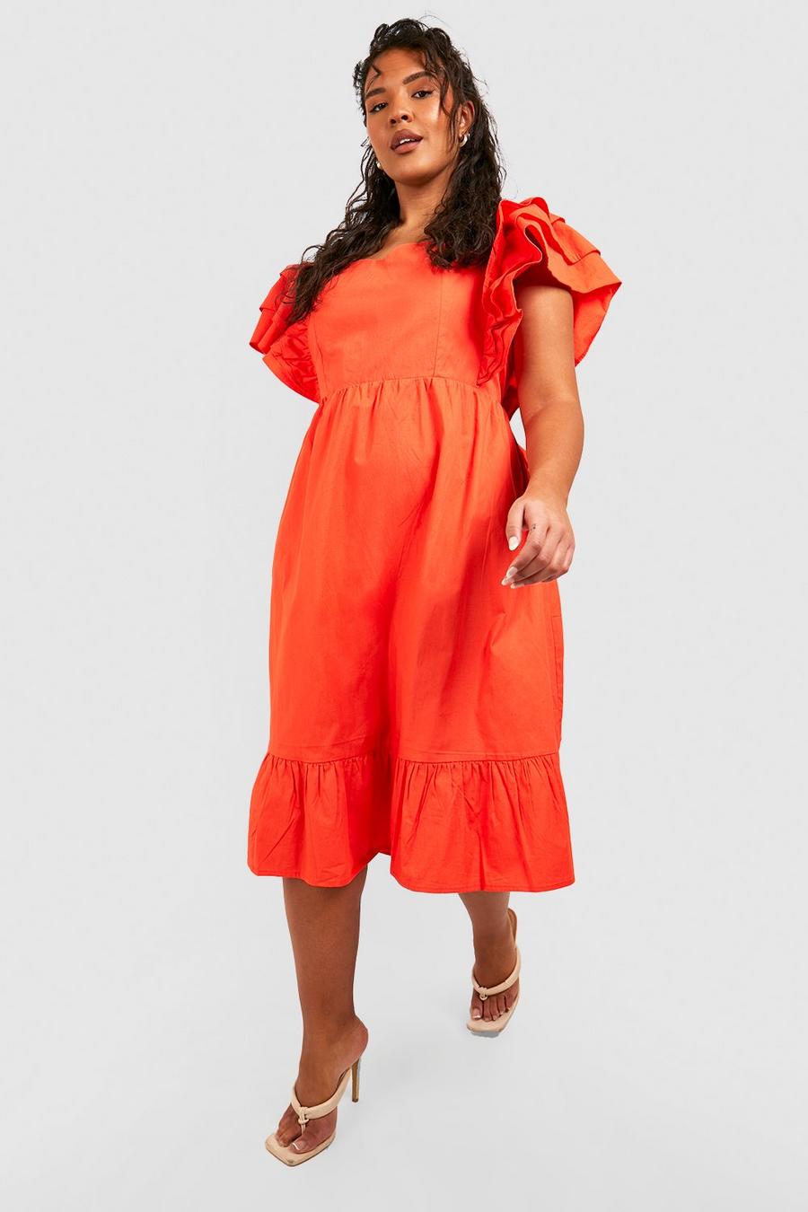 Vestito midi Plus Size con maniche arricciate, Orange