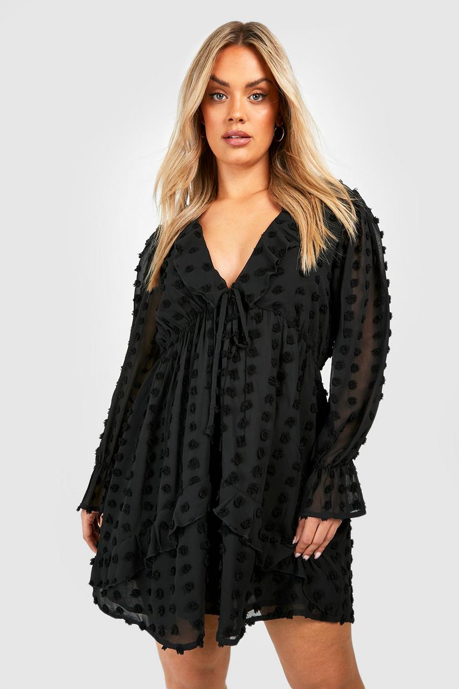 Black Plus Large Dobby Mesh Ruffle Mini Smock Dress