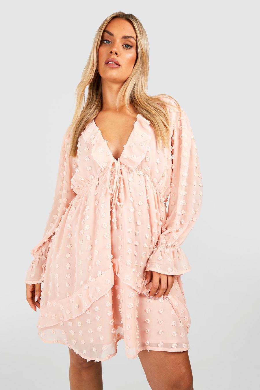 Blush Plus Large Dobby Mesh Ruffle Mini Smock Dress