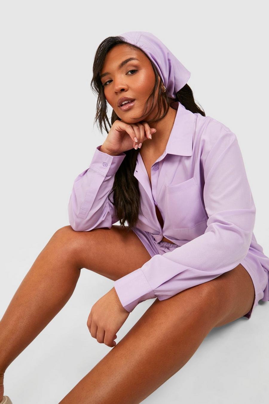 Conjunto coordinado Plus de pantalón corto y camisa con pañuelo para la cabeza, Lilac