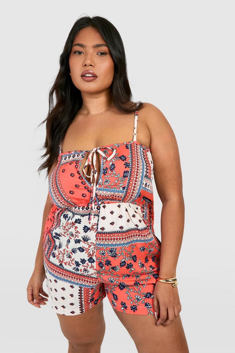 Orange Plus Scarf Print Strappy Romper