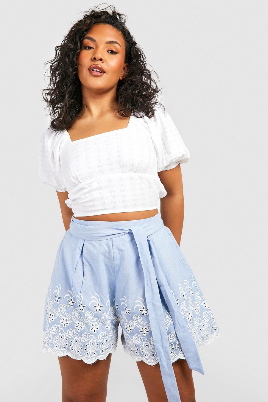 Plus Chambray Embroidered Tie Belt Short