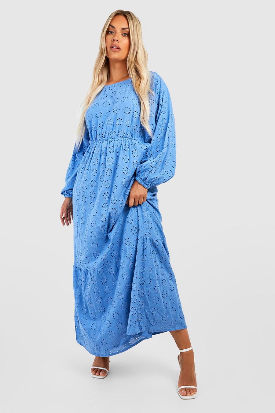 Denim-blue Plus Broderie Anglaise Longsleeve Tiered Maxi Dress