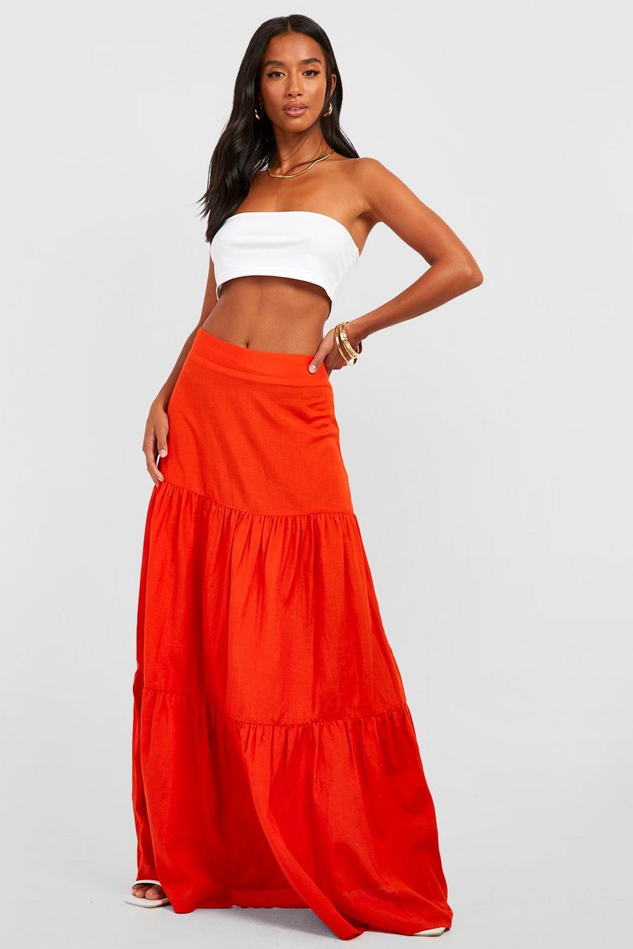Orange Petite Linen Tiered Maxi Skirt