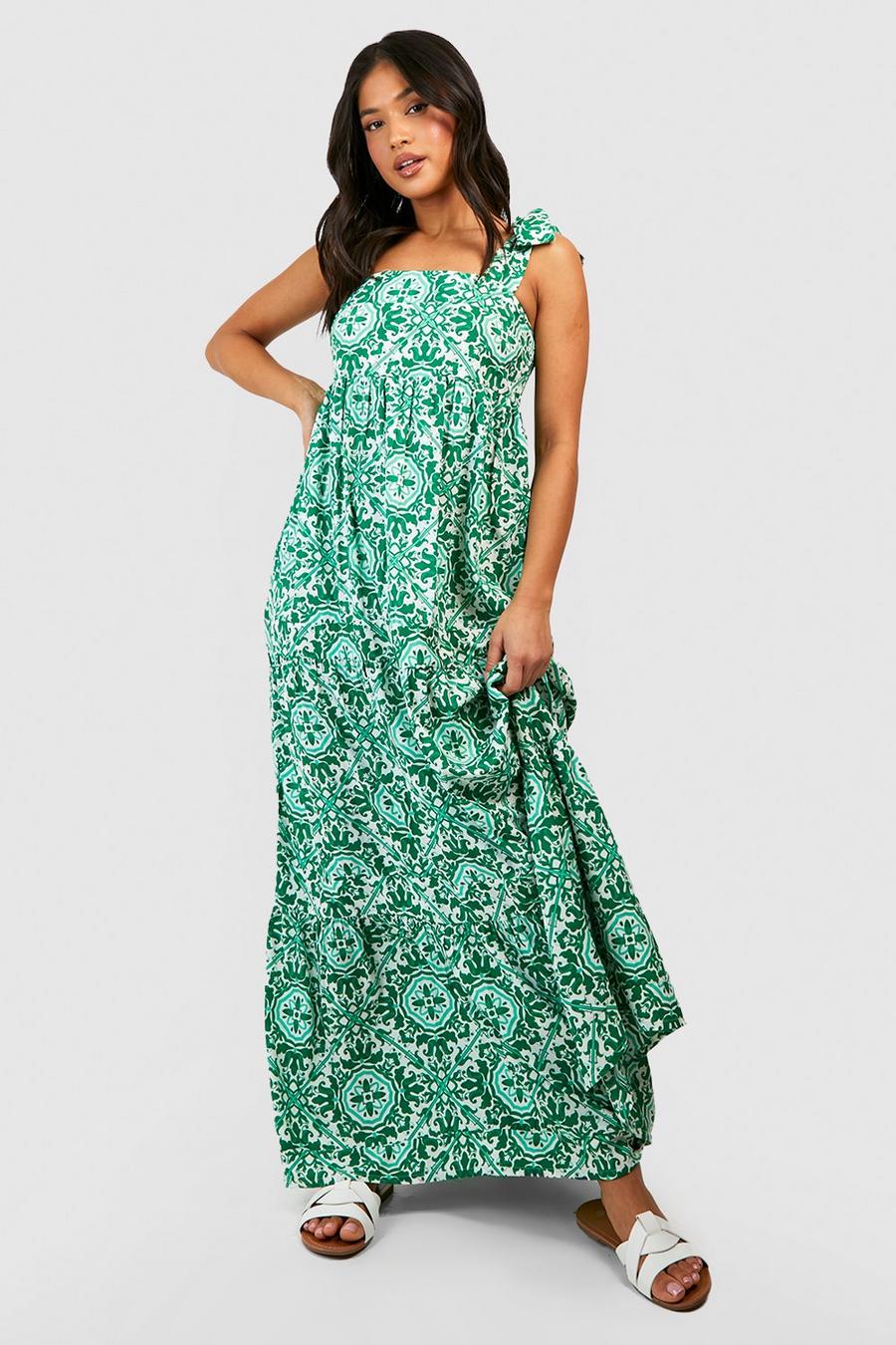 Vestito maxi Petite con motivi stile porcellana e balze, Green