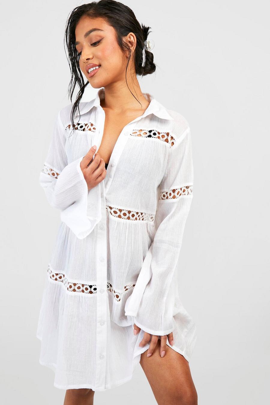 White Petite Cheesecloth Trim Beach Shirt Dress