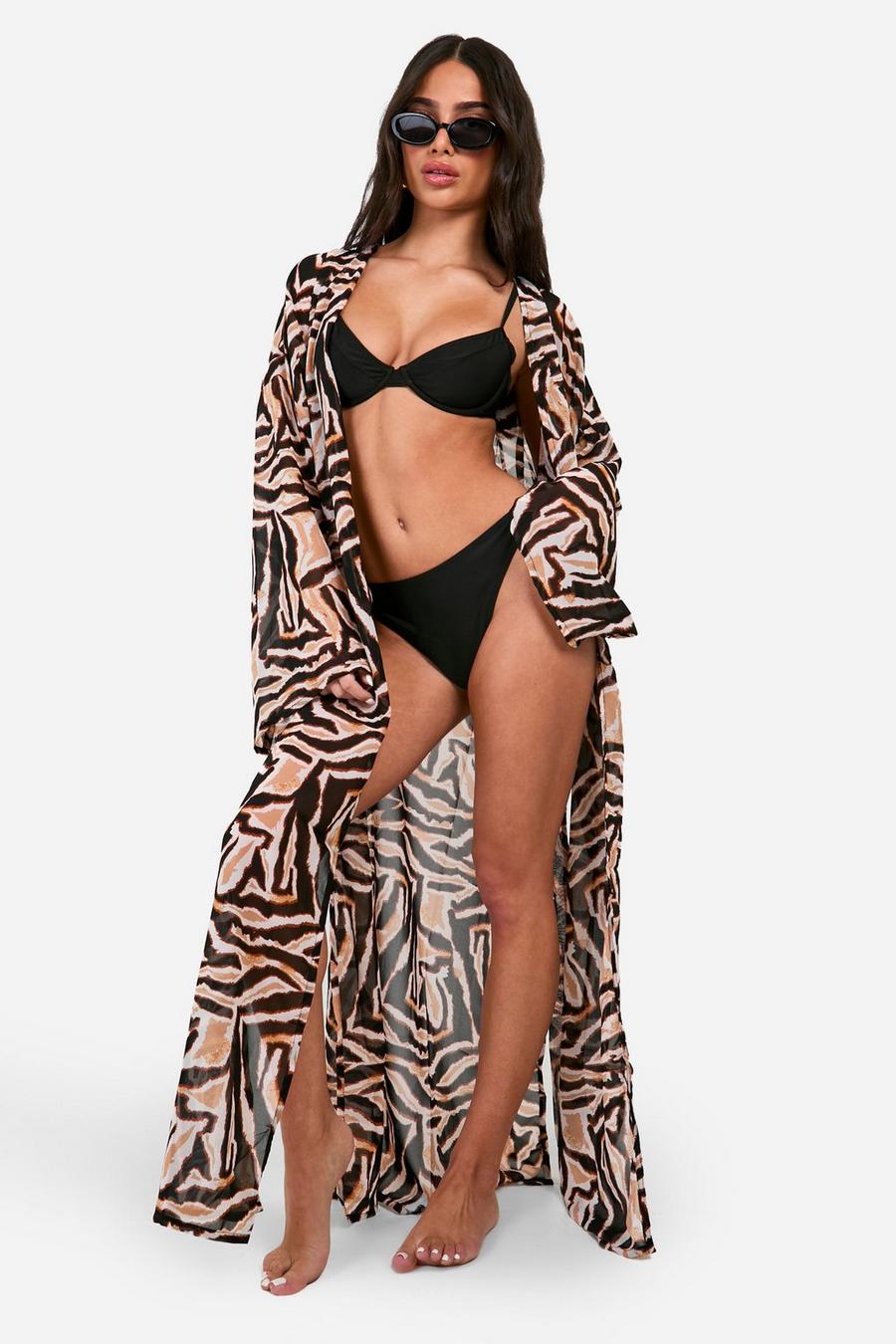 Kimono Petite para la playa de chifón con estampado de tigre, Brown
